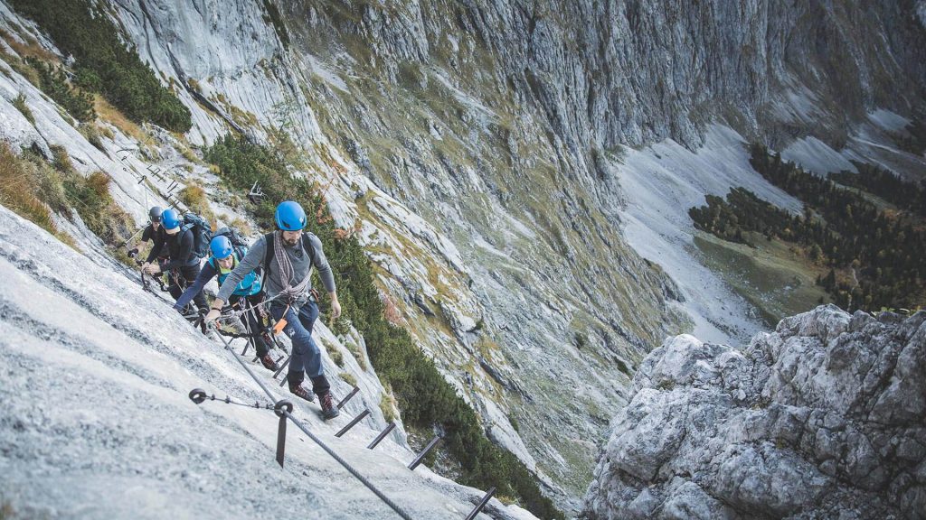 Climbers on the Via Ferrate up to the Summit of Mount Zugspitze