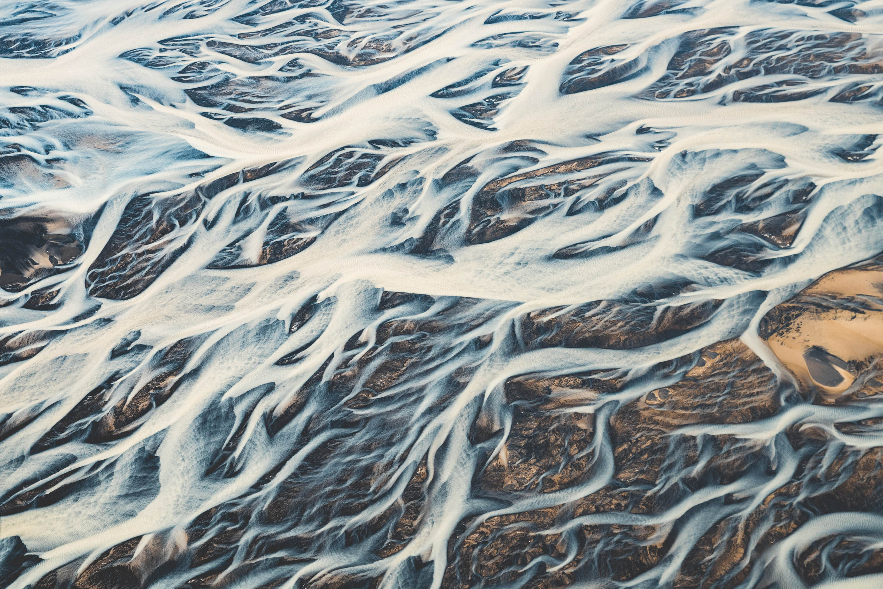 Iceland, glaciers, glacial river, aerial shot, bird’s eye view