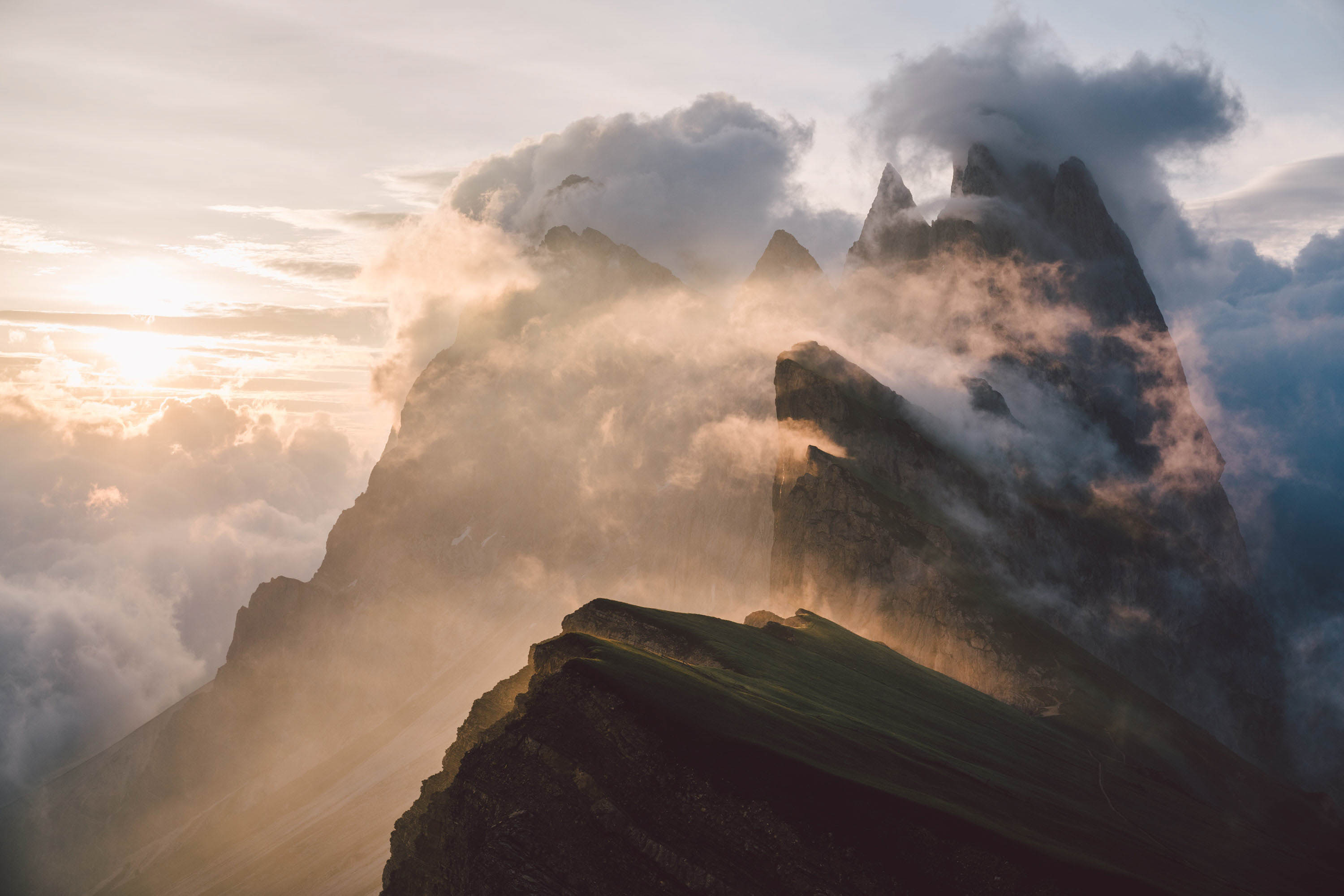 mountain landscape photography, Geisler,, Odle, Dolomites, South Tyrol, sunrise, clouds