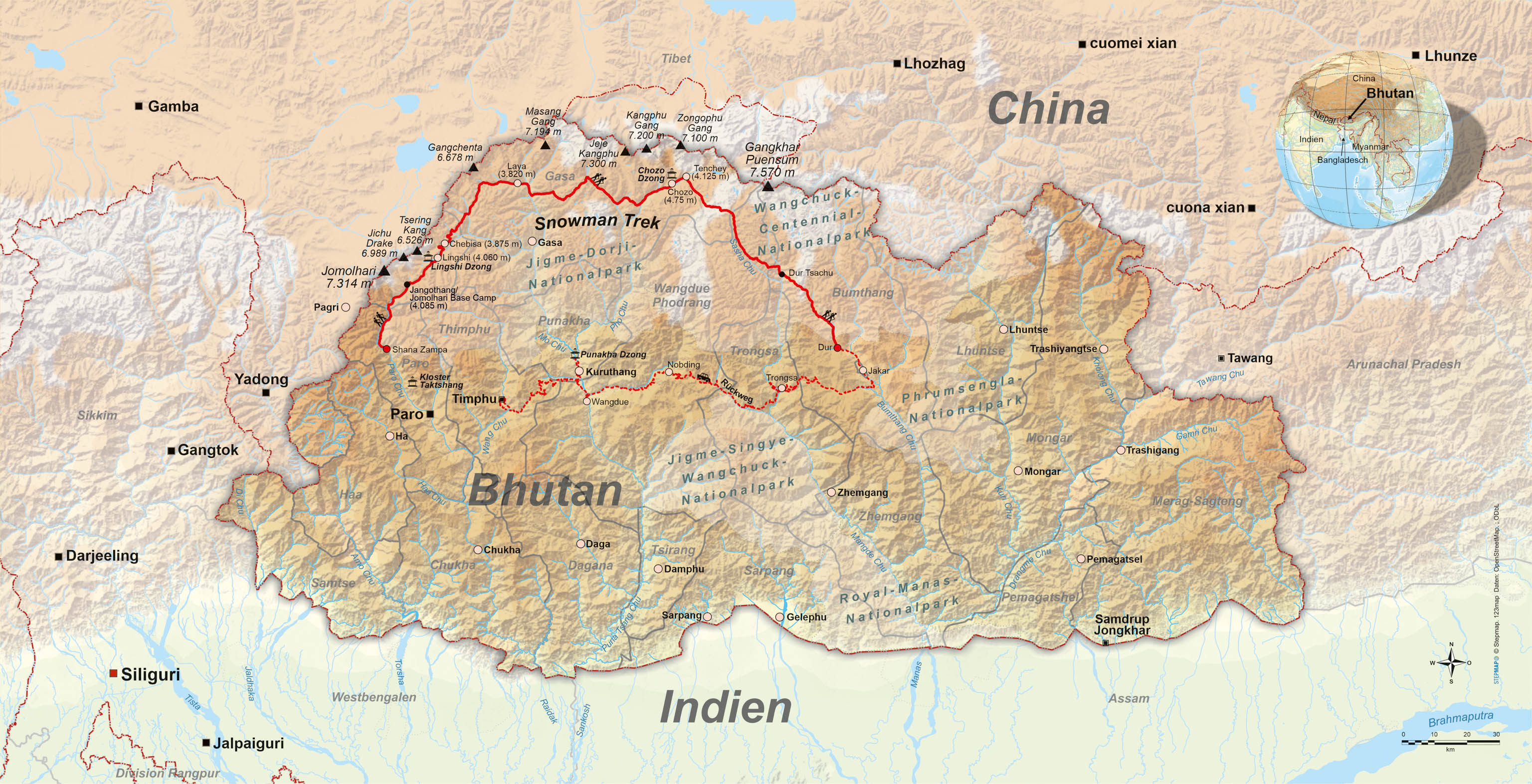 Snowman Trek map of Bhutan