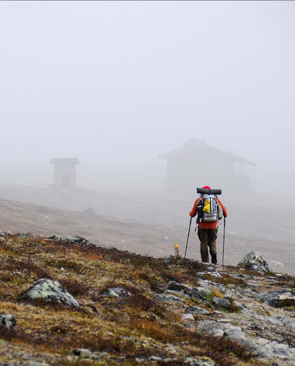 European long-distance hikes Kungsleden huts along the trail in the fog