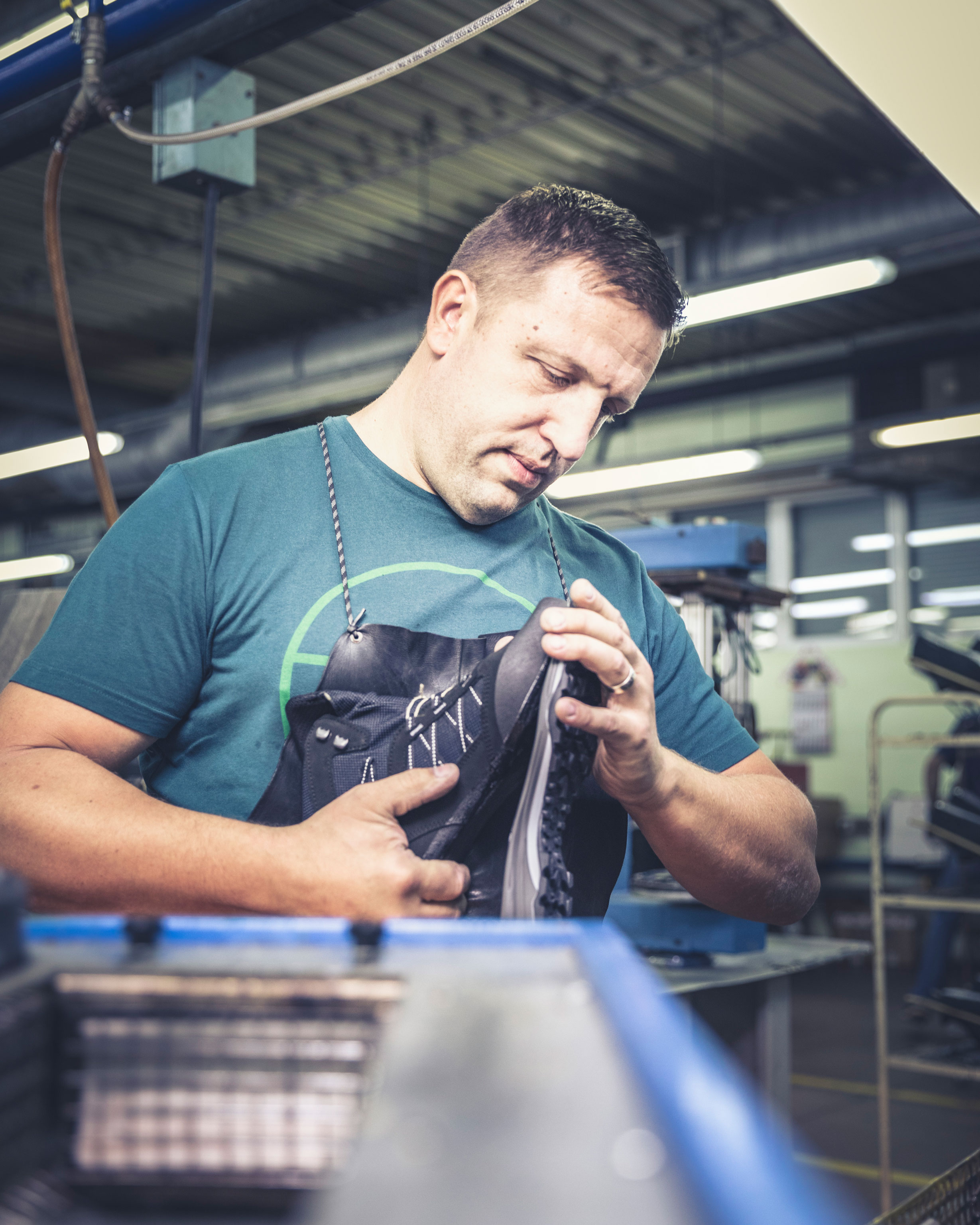 Tomislav glueing a sole at the Hanwag production facility in Croatia