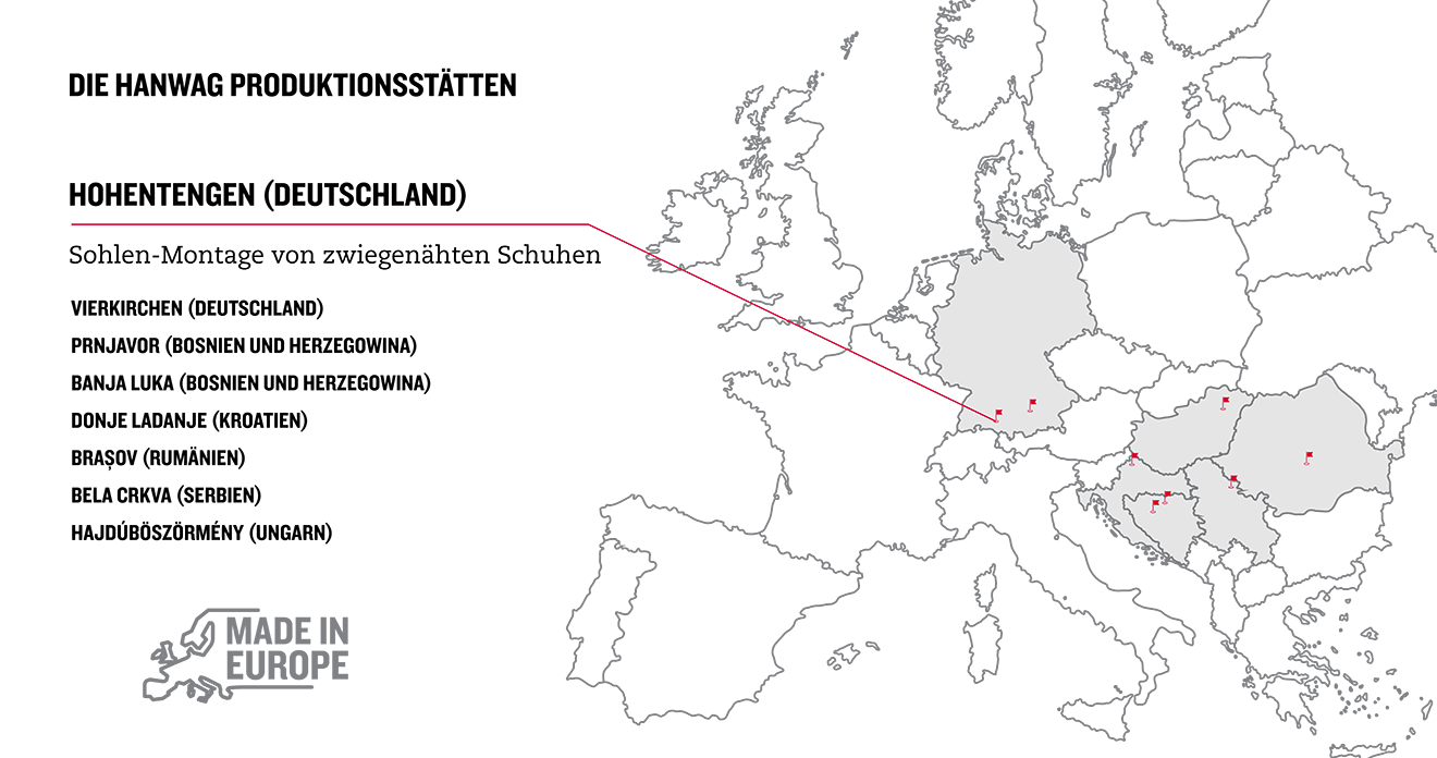 Karte der HANWAG Produktionsstätten in Europa Deutschland Hohentengen