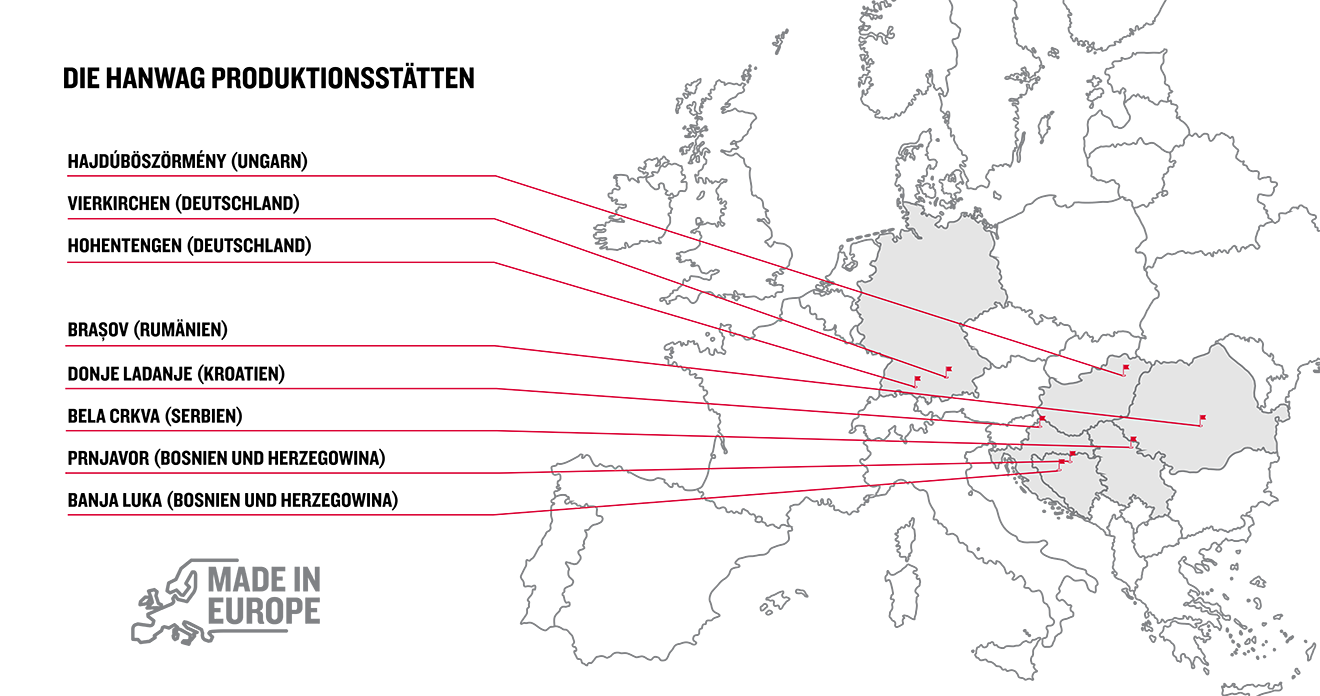 Karte der HANWAG Produktionsstätten in Europa