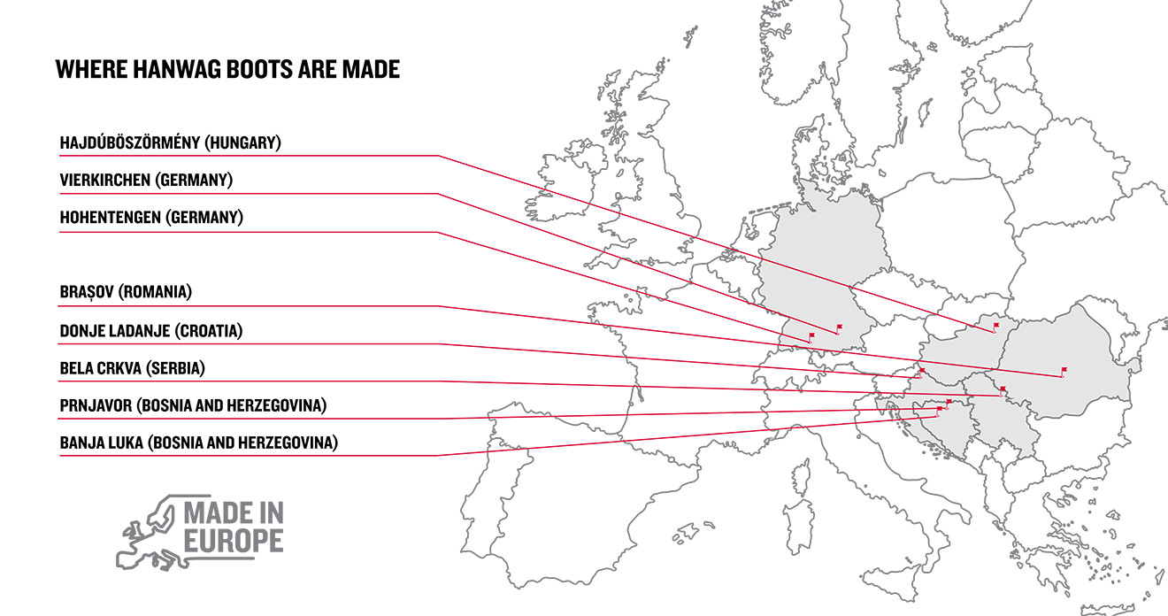 Map of Hanwag Production Sites Made in Europe
