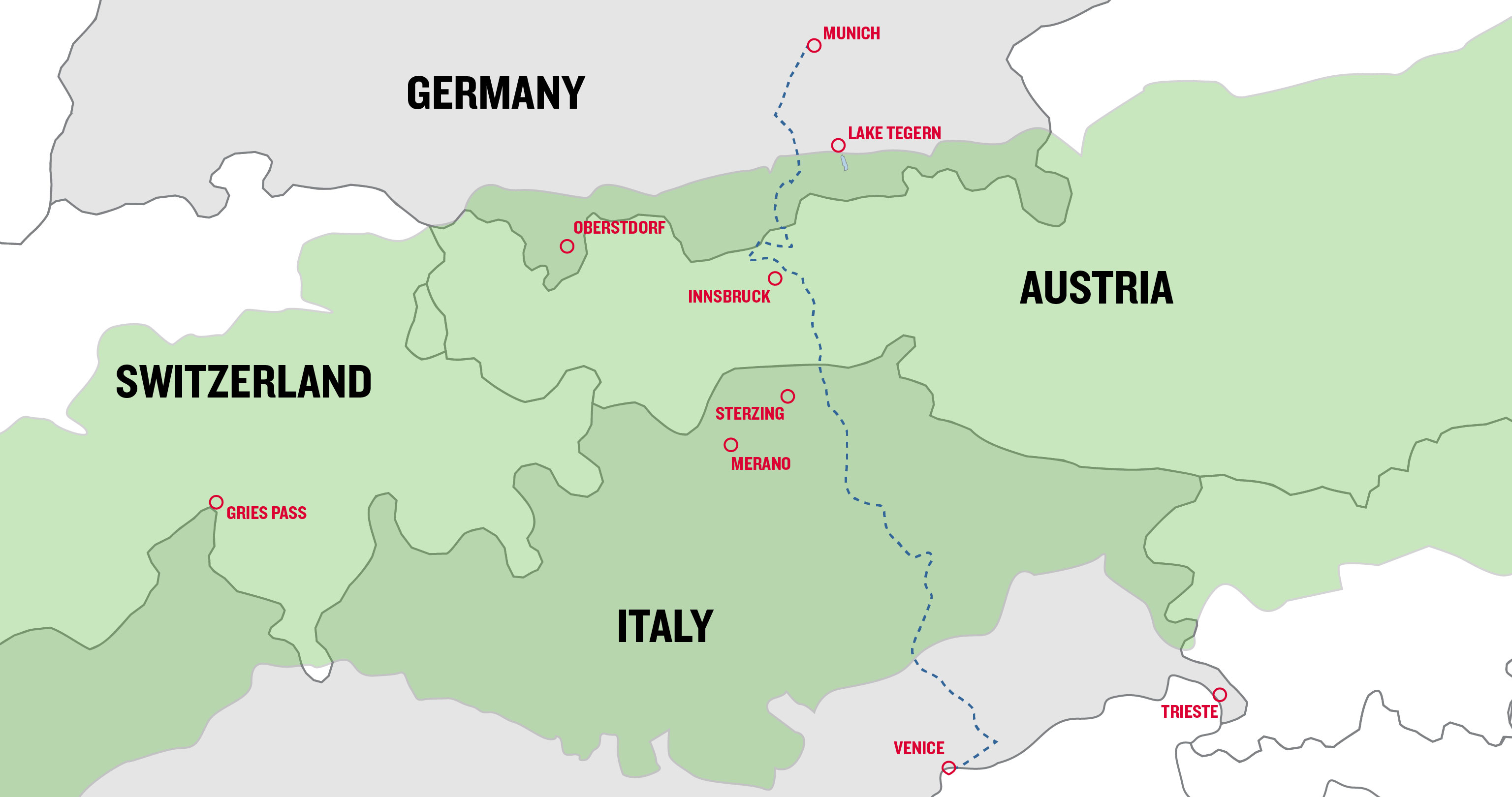 Map of the Munich-Venice Alpine crossing