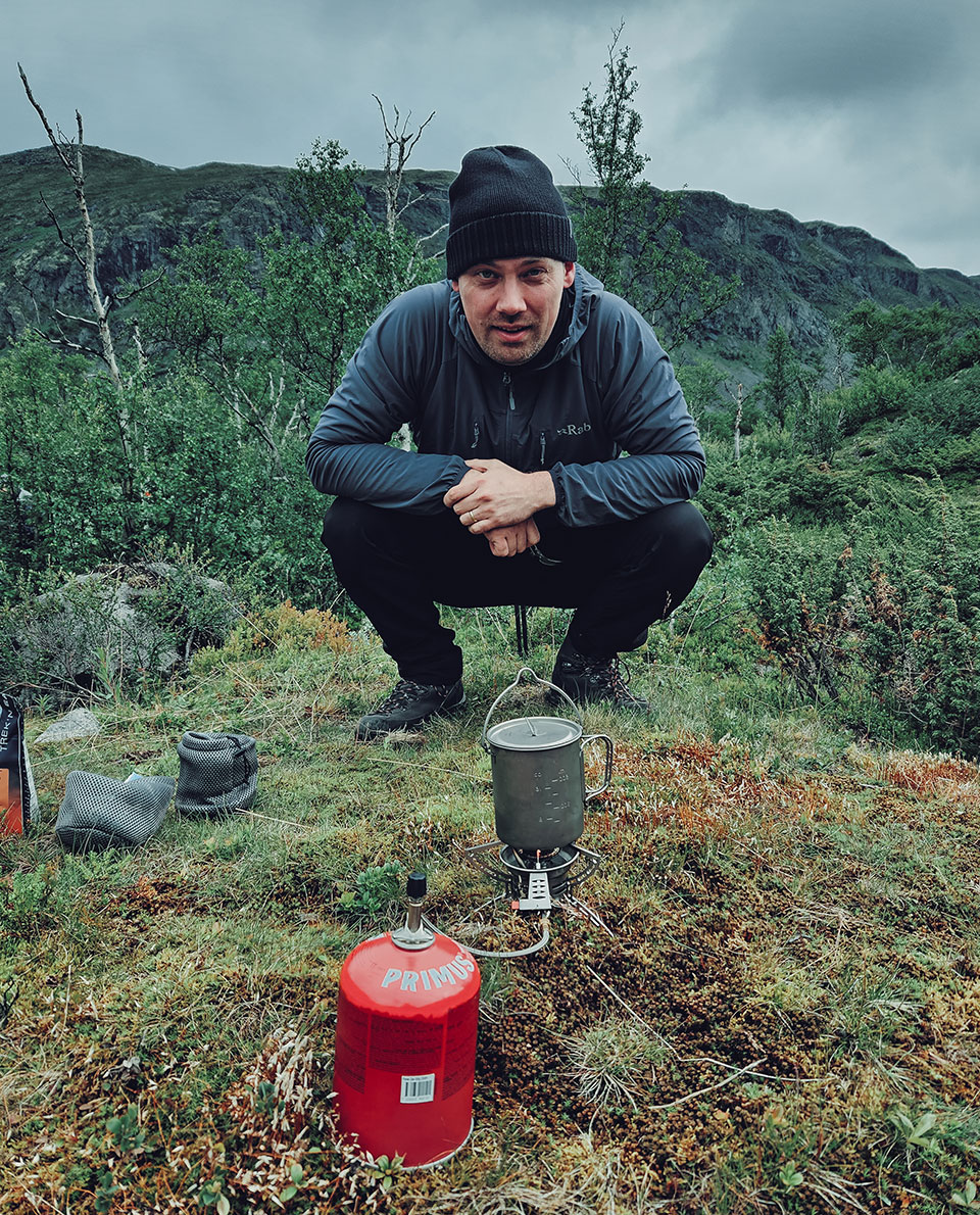 A Primus gas stove in use while hiking in the Jotunheimen national park